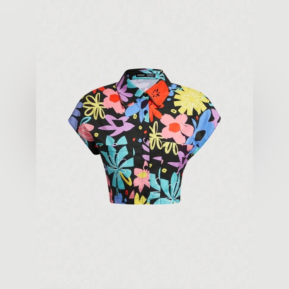 (B4) NWT SHEIN Mod Black Multi Floral Cropped Button Batwing Shirt‎ Blouse S 4
